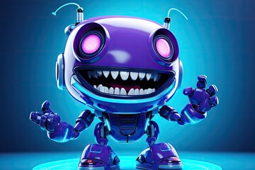 Cute purple robot on blue background. - obrazy, fototapety, plakaty