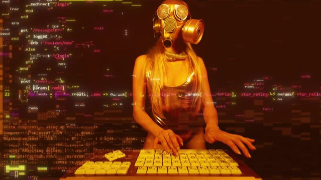 Female with gold gasmask on computer