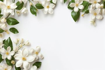 Fototapeta na wymiar Blooming jasmine flower on white background with copy space flat lay