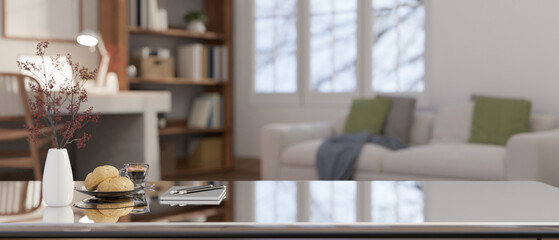 Close-up image of a modern coffee table with copy space for product display in a modern living room.