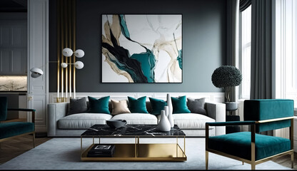 Beautiful interior room with modern sofa and wall art frame beautiful home interior design Generative Ai