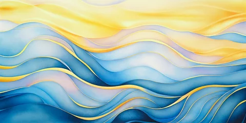 Küchenrückwand glas motiv Ocean waves abstract watercolor. Sunny beach minimalist seascape with teal blue and golden yellow background. Colorful sunset sky waves wavy texture backdrop for copy space text or web, mobile banners © Vita