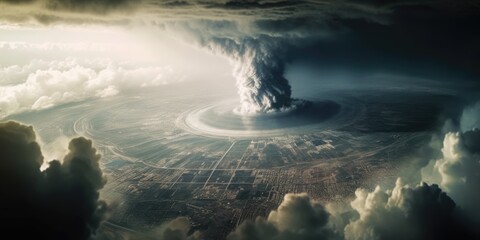 Tornado sky view from atmosphere top. Generative AI image weber.