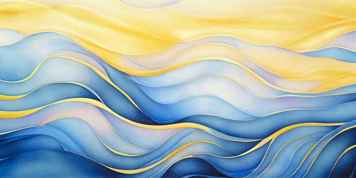 Ocean waves abstract watercolor. Sunny beach minimalist seascape with teal blue and golden yellow background. Colorful sunset sky waves wavy texture backdrop for copy space text or web, mobile banners