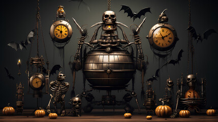 Steampunk halloween. Scenes with skulls, cats, transport, pumpkin bats... with a retro-futuristic aesthetic.
