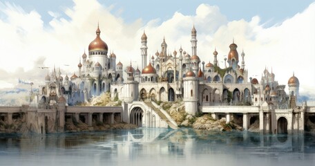 castle city with lake and mountains - obrazy, fototapety, plakaty