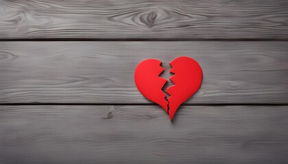 Cute Broken red heart on grey wooden table.