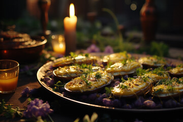 Mussels with herbs in a bowl with lemon and French fries on a wooden board. Seafood.