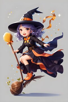 Illustration d'une sorcière mignonne sur son balai