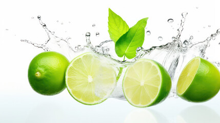 Ice cubes, mint leaves, lime on white background.