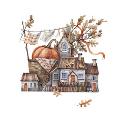 Vintage autumn street with pumpkins, autumn oak leaves, straw basket watercolor illustration on white background.