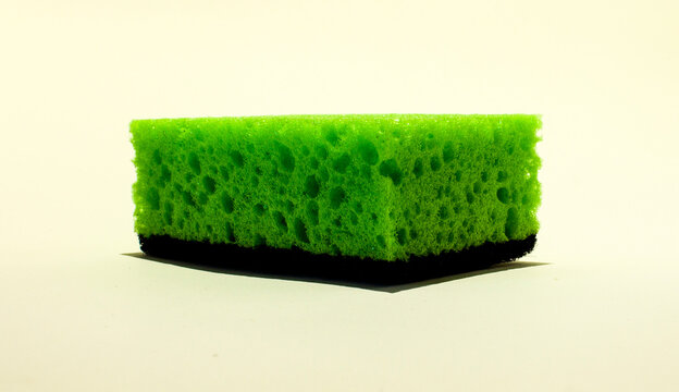 Close-up photo of a dishwashing sponge. Paralon sponge for washing dishes close-up on a light background.