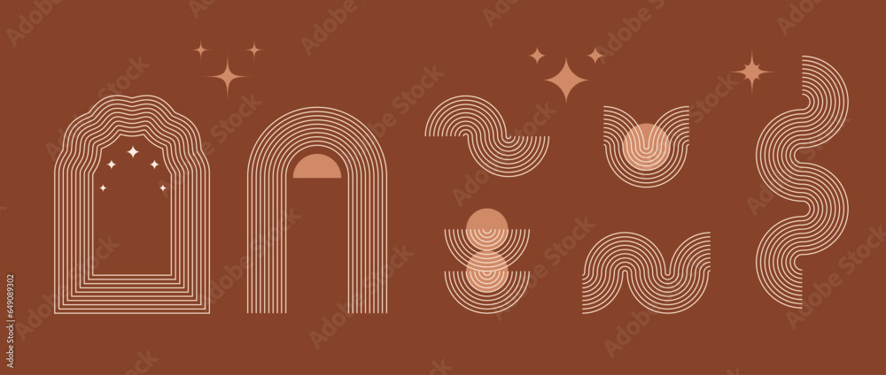Aufkleber Boho style linear arch element collection. Terracotta design forms with stars, arcs and frame. Bohemian decorative ornamental border shapes for badge, icon, poster, banner, template. Vector bundle