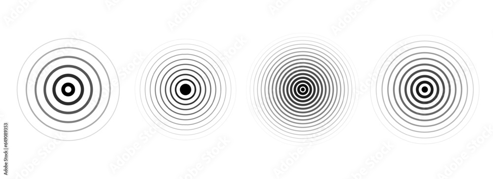 Poster black concentric ripple circles set. linear sound wave rings collection. epicenter, target, radar, s