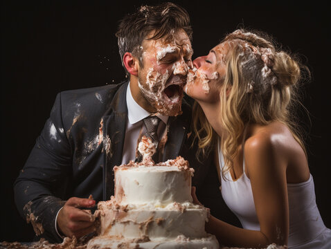 A Photo of a Couple at Their Wedding After Covering Each Other in Wedding Cake