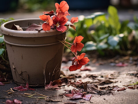 A Photo of a Dropped Flower Pot, but the Flowers are Still Upright and Blooming