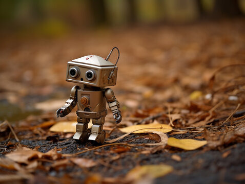 A Photo of a Wind Up Robot Toy on the Ground Outside
