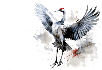 Image of flying an eastern sarus crane painting on white background. Bird. Wildlife Animals. Illustration, Generative AI.