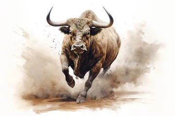 Rolgordijnen Image of running bull painting on white background. Wildlife Animals. Illustration, Generative AI. © yod67