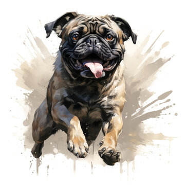 Watercolor painting of pug dog running on white background. Pet. Animals. Illustration, Generative AI.
