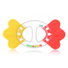 Plastic colored baby rattle isolated on a white background. A bright rattle for a child. Toys for concentration of attention