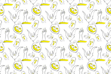 Seamless pattern with Halloween pumpkins and ghosts on white background. Vector illustration.