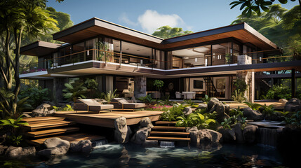 Fototapeta na wymiar Contemporary Villa with Bamboo Garden