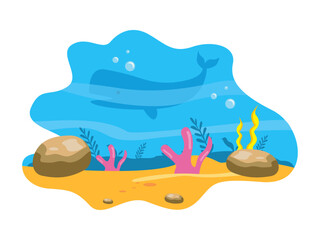 Underwater vector illustration. Underwater scenery with whale, coral and seaweed. Underwater world.