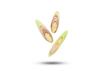 Flying lemongrass sliced isolated on white background.