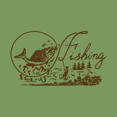 fishing illustration outdoor graphic fish design forest vintage badge river t shirt activity silhouette sketch  - obrazy, fototapety, plakaty