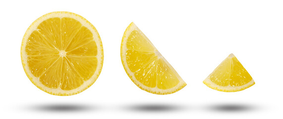 Flying lemon slices collection isolated on white background. Clipping path.