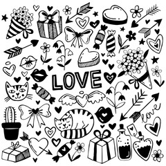 Love theme simple doodle illustration for design. Valentines day doodles set. Wedding elements, hearts, romantic icons. Love clipart, arrows, flowers, sweets, hearts, cats. Cute romantic drawings.