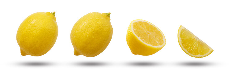 Flying lemon with lemon has water drop and slices collection isolated on white background.