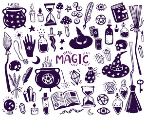 Magic hand drawn doodle set. Doodle set of magic itens. Collection halloween elements. Magic cauldron, pot, hat, broom, potions, fortune-telling cards, runes, books, magic wand, hourglass. © sorninai