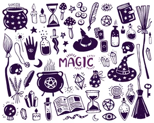Poster Magic hand drawn doodle set. Doodle set of magic itens. Collection halloween elements. Magic cauldron, pot, hat, broom, potions, fortune-telling cards, runes, books, magic wand, hourglass. © sorninai