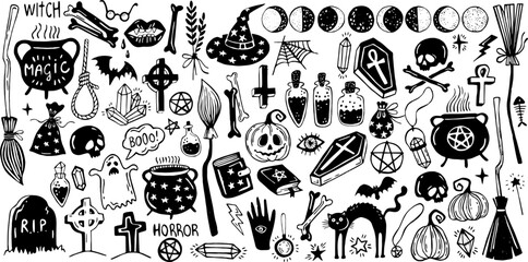 Happy halloween. Big set of horror hand drawn doodle. Collection halloween and magic elements. Pumpkins, ghost, skull, cemetery, black cat, magic cauldron, pot, hat, dream catchers, moon phases, broom - obrazy, fototapety, plakaty