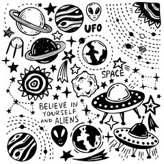 Space doodles set, hand drawn sketch vector illustration. Astronomy set. Cosmic sketches. Planet, sun, moon and stars, solar system, spaceships and aliens, ufology, flying saucer.