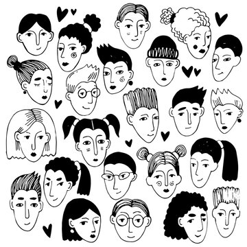 Boys and girls doodle faces, black and white ink sketch. Set of illustrations of different human faces. Cute cartoon faces of women and men.