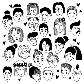 Boys and girls doodle faces, black and white ink sketch. Set of illustrations of different human faces. Cute cartoon faces of women and men.