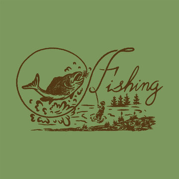 fishing illustration outdoor graphic fish design forest vintage badge river t shirt activity silhouette sketch 