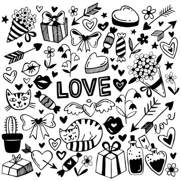 Love theme simple doodle illustration for design. Valentines day doodles set. Wedding elements, hearts, romantic icons. Love clipart, arrows, flowers, sweets, hearts, cats. Cute romantic drawings.