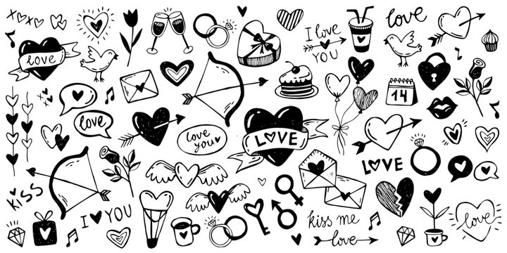 Valentines day doodles set. Love theme simple doodle illustration for design. Wedding elements, hearts, romantic icons. Love clipart, arrows, text, rings, letters, flowers, sweets.