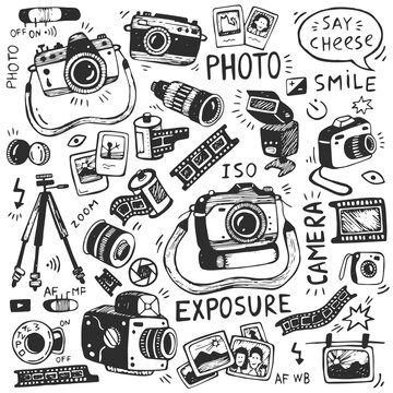 Photography equipment set. Hand drawn vector illustration. Photo camera, film, photography.