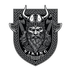 Viking Warrior Head Wearing Helmet And Axes Vector Graphic
