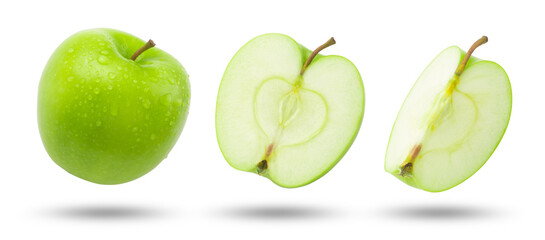 Flying green apple has water drop and slices collection isolated on white background.