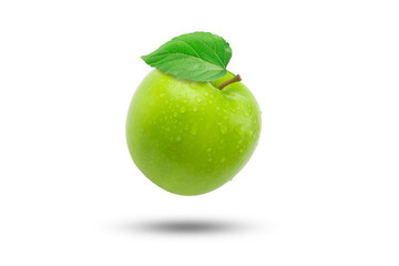 Flying green apple has water drop with leaves isolated on white background. Clipping path.