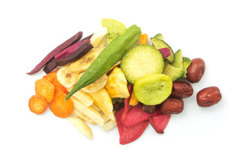 Pile of dried fruit and vegetable isolated on white background. potato, carrot, banana, kiwi, jujube, Okra.
