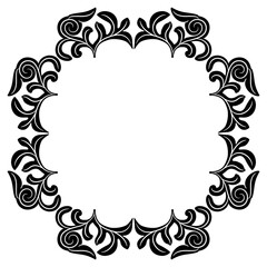 Round floral frame or botanical border with leaf branches. Black and white silhouette.