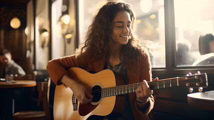 Young beautiful woman playing guitar while sitting on coffee shop during sunny day