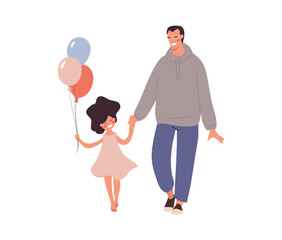 Father walks with his daughter hand in hand. The concept of fatherhood and family, children's holiday, single father, relationship between parents and children. Flat vector cartoon illustration.